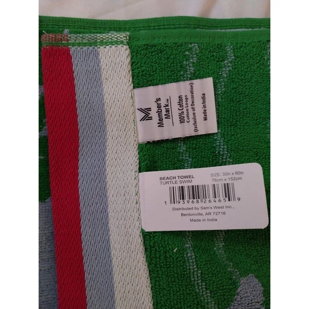Member's Mark Kids Beach Towel Turtle Swim 30x60 in Green 100% Cotton Bath Towel